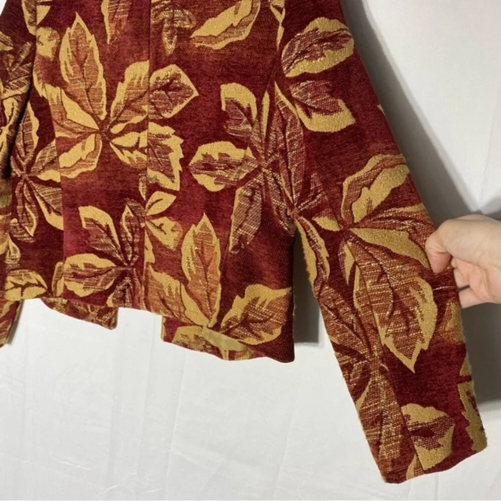 Harvé Benard Red Yellow Chenille Leaf Print Tapestry Open Front Blazer Jacket S - Picture 12 of 14